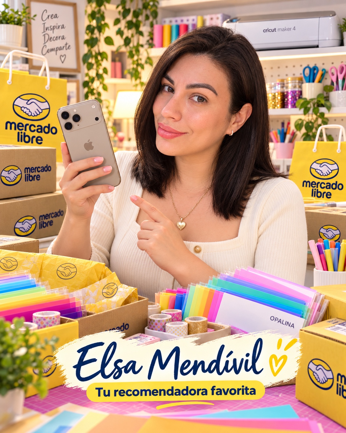 Elsa Mendívil en su estudio creativo, con bolsas de Mercado Libre, papeles de colores y materiales